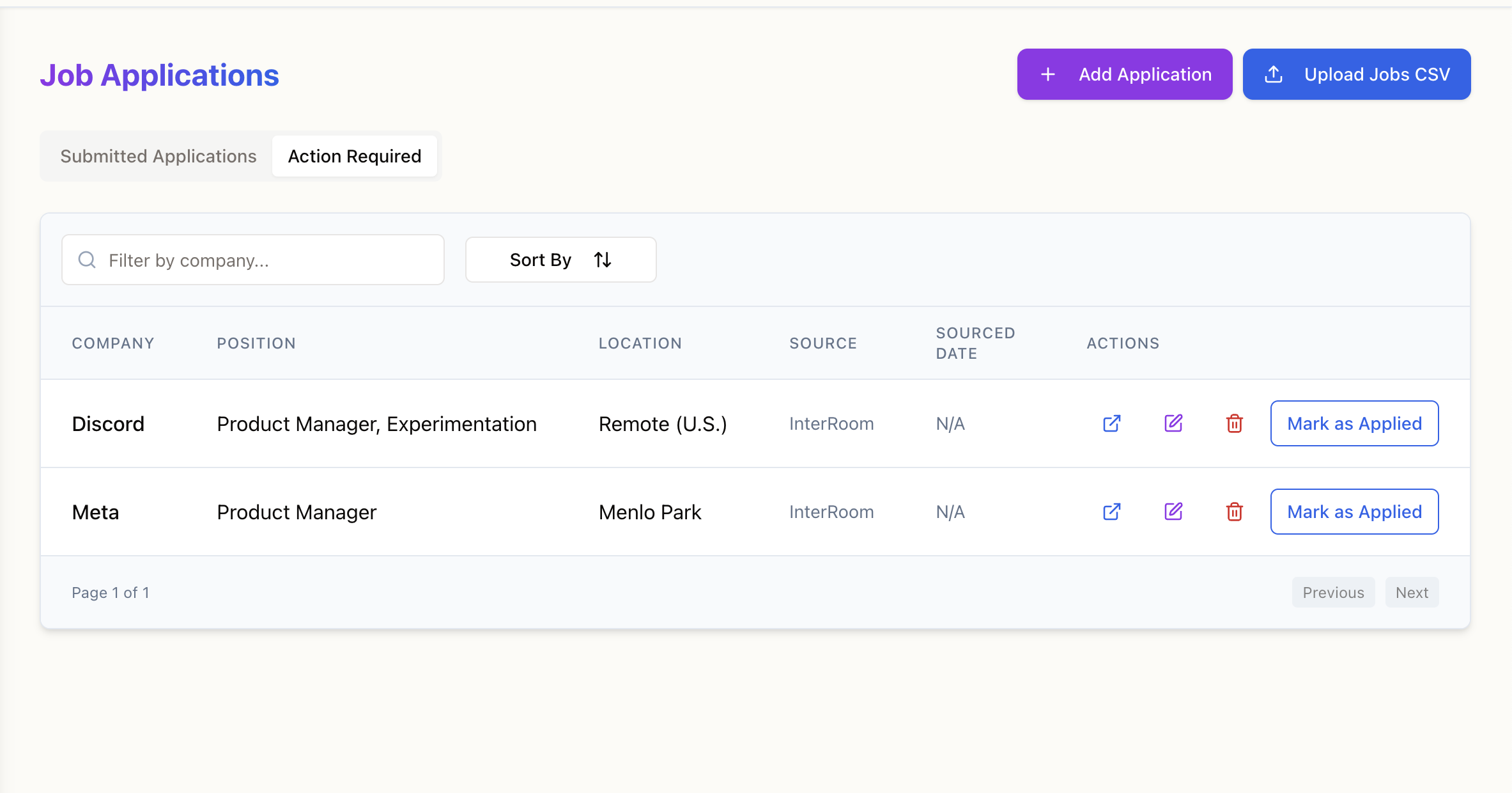 Job applications dashboard showing submitted applications